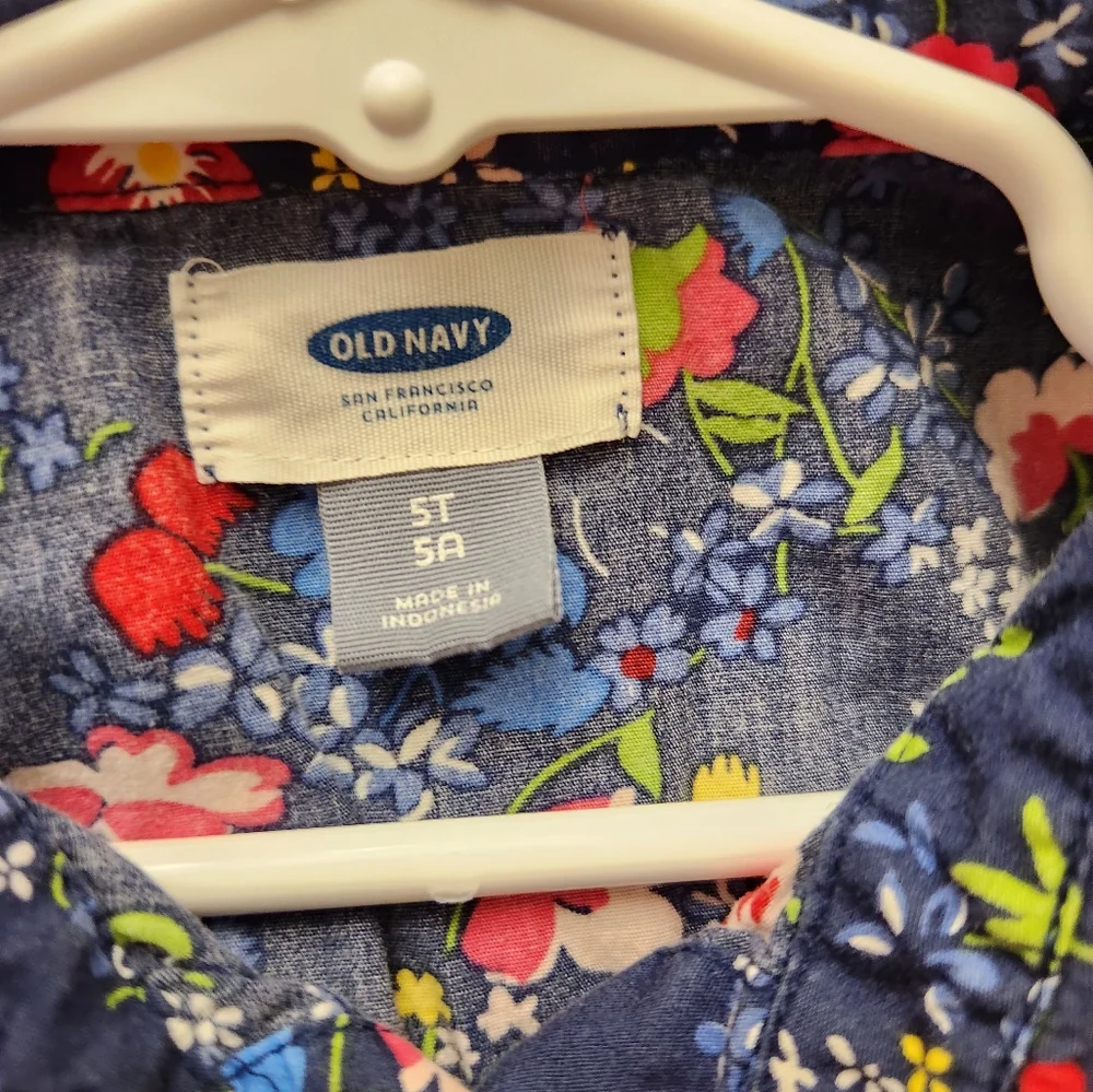 Old Navy Girls Navy Blue Floral Embroidered Fit & Flare Cotton Shirt Kids Dress‎